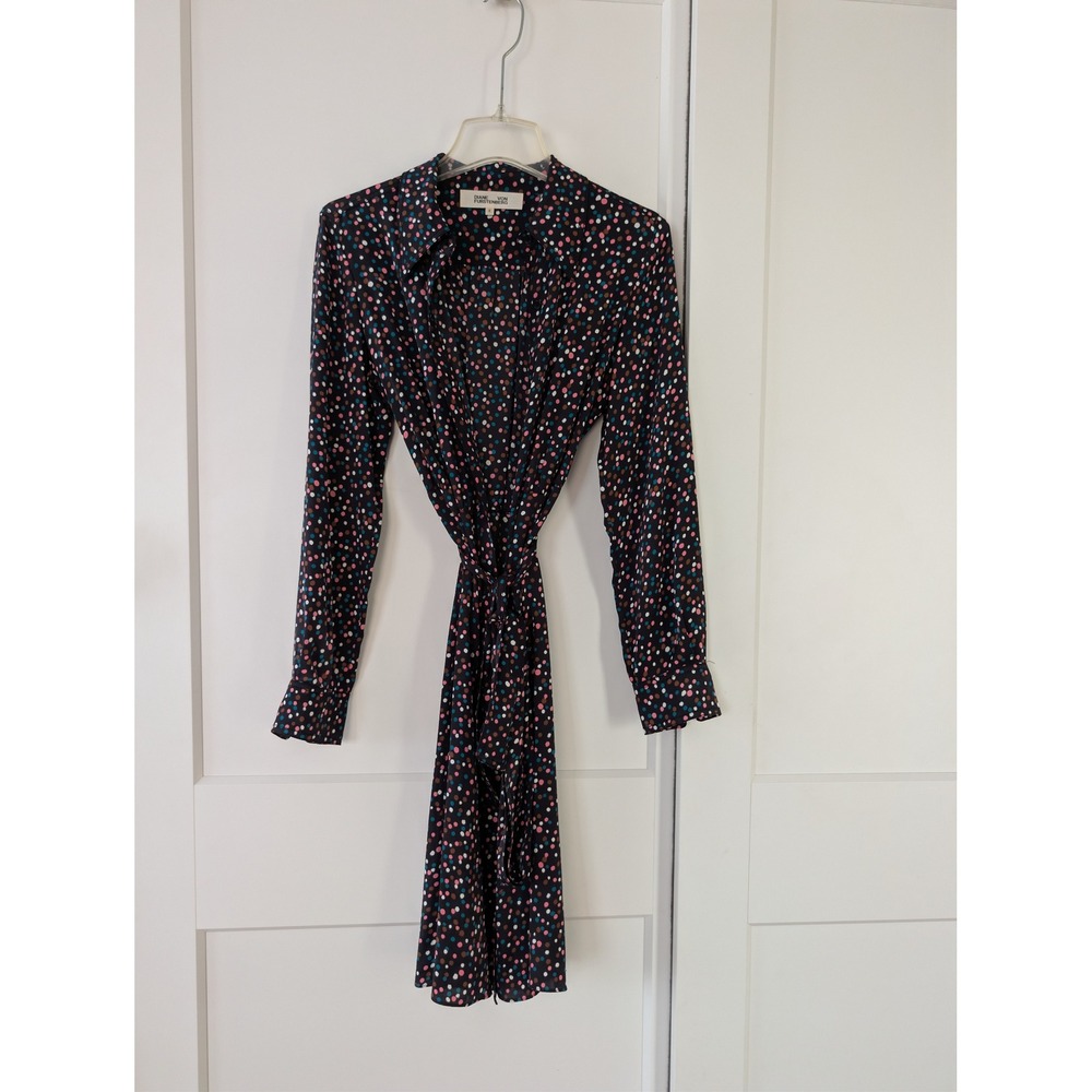 Diane von Furstenberg Silk Black Confetti Polka Dot Shirt Dress Multi Size S - Picture 3 of 5